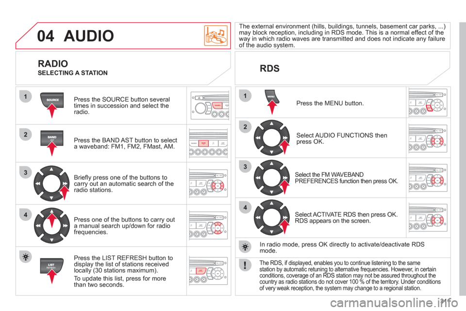 Citroen C4 PICASSO 2011.5 1.G Owners Manual 311
04
1
2
3
4
1
2
3
4
SOURCE
BANDAST
LISTREFRESH
MENU
AUDIO
Press the SOURCE button several
times in succession and select theradio.
Press the BAND A
ST button to select
a waveband: FM1, Citroen C4 PICASSO 2011.5 1.G Owners Manual 311
04
1
2
3
4
1
2
3
4
SOURCE
BANDAST
LISTREFRESH
MENU
AUDIO
Press the SOURCE button several
times in succession and select theradio.
Press the BAND A
ST button to select
a waveband: FM1,