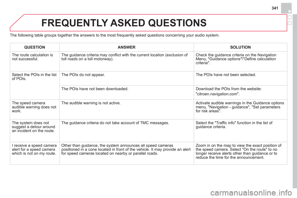 Citroen DS4 RHD 2011.5 1.G Owners Manual 341
FREQUENTLY ASKED QUESTIONS
The following table groups together the answers to the most frequently asked questions concerning your audio system.
QUESTIONANSWER SOLUTION
The route calculation is Citroen DS4 RHD 2011.5 1.G Owners Manual 341
FREQUENTLY ASKED QUESTIONS
The following table groups together the answers to the most frequently asked questions concerning your audio system.
QUESTIONANSWER SOLUTION
The route calculation is