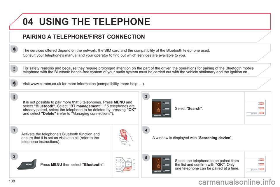 Citroen C ZERO 2011 1.G Owners Manual 04
1
2
4
3
5
138
USING THE TELEPHONE
PAIRING A TELEPHONE/FIRST CONNECTION
The services offered depend on the network, the SIM card and the compatibility of the Bluetooth te Citroen C ZERO 2011 1.G Owners Manual 04
1
2
4
3
5
138
USING THE TELEPHONE
PAIRING A TELEPHONE/FIRST CONNECTION
The services offered depend on the network, the SIM card and the compatibility of the Bluetooth te