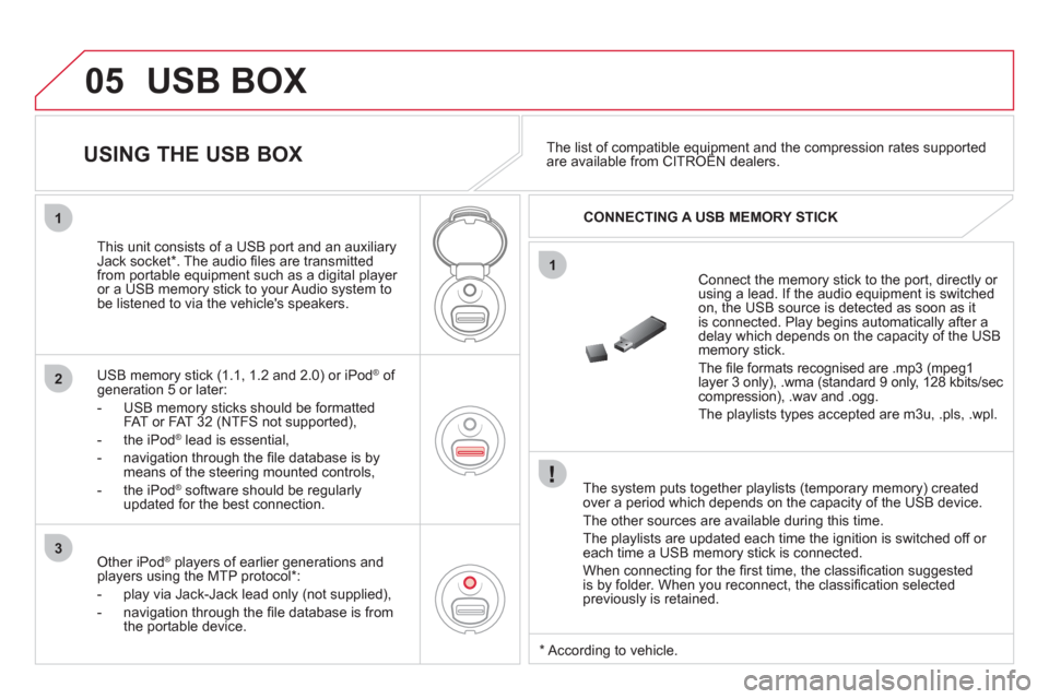 Citroen DS3 2011 1.G Owners Manual 05
1
1
2
3
  USB BOX 
 
 
The system puts together playlists (temporary memory) created 
over a period which depends on the capacity of the USB device. 
  The other sources are available during this t