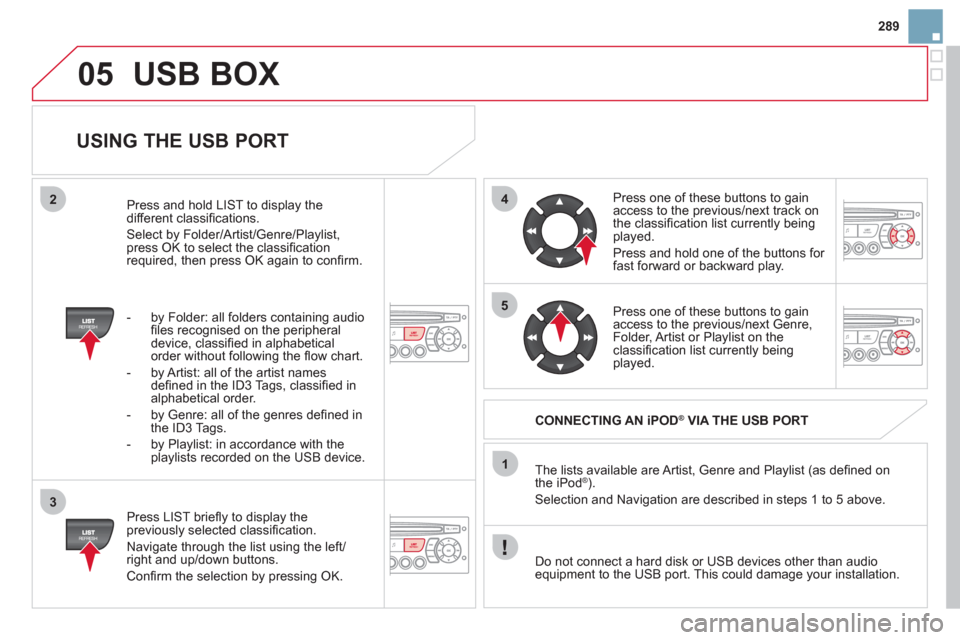 Citroen DS3 2011 1.G Owners Manual 05
42
3
1
5
289
  USB BOX 
 
 
USING THE USB PORT 
 
 
Press LIST brieﬂ y to display the 
previously selected classiﬁ cation. 
  Navigate through the list using the left/
right and up/down buttons