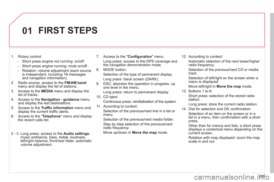 Citroen DS4 2011 1.G Owners Manual 295
01
   
 
1.  Rotary control: 
   
 
-   Short press engine not running: on/off. 
   
-   Short press engine running: mute on/off. 
   
-   Rotation: volume adjustment (each source 
is independant,