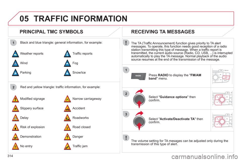 Citroen DS4 2011 1.G Owners Manual 314
05
2 1
1
2
3
TRAFFIC INFORMATION
PRINCIPAL TMC SYMBOLS
Red and yellow triangle: traffi c information, for example:
Black and blue triangle: general information, for exa Citroen DS4 2011 1.G Owners Manual 314
05
2 1
1
2
3
TRAFFIC INFORMATION
PRINCIPAL TMC SYMBOLS
Red and yellow triangle: traffi c information, for example:
Black and blue triangle: general information, for exa