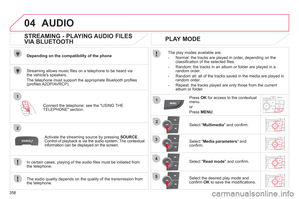 Citroen DS4 2011 1.G Owners Manual 358
04
1
2
1
2
3
4
5
AUDIO
STREAMING - PLAYING AUDIO FILES
VIA BLUETOOTH
Depending on the compatibility of the phone
Connect the telephone: see the "USING THE
TELEPHONE" Citroen DS4 2011 1.G Owners Manual 358
04
1
2
1
2
3
4
5
AUDIO
STREAMING - PLAYING AUDIO FILES
VIA BLUETOOTH
Depending on the compatibility of the phone
Connect the telephone: see the "USING THE
TELEPHONE"