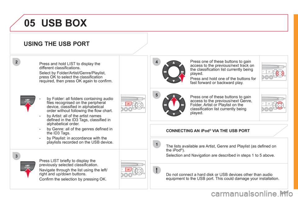 Citroen JUMPY 2011 2.G Owners Manual 9.91
05
42
3
1
5
USB BOX
USING THE USB PORT
Press LIST briefl y to display thepreviously selected classifi cation.
Navi
gate through the list using the left/right and up/down buttons.
Citroen JUMPY 2011 2.G Owners Manual 9.91
05
42
3
1
5
USB BOX
USING THE USB PORT
Press LIST briefl y to display thepreviously selected classifi cation.
Navi
gate through the list using the left/right and up/down buttons.