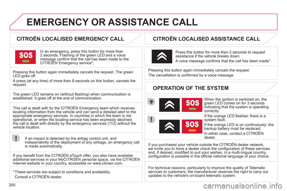 Citroen C3 PICASSO RHD 2012.5 1.G Owners Manual 200
EMERGENCY OR ASSISTANCE CALL
   
 
 
 
 
 
 
CITROËN LOCALISED EMERGENCY CALL  
In an emergency, press this button for more than2 seconds. Flashing of the green LED and a voice message conﬁ rm 
