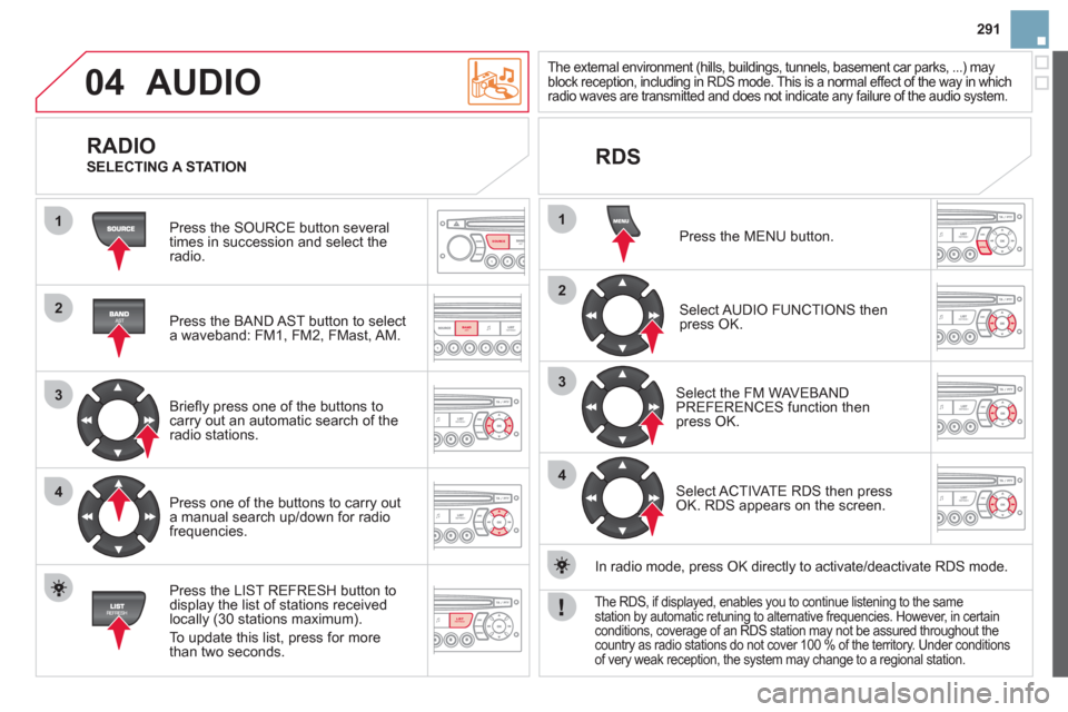 Citroen DS3 2012.5 1.G Owners Manual 291
04
1
2
3
4
1
2
3
4
SOURCE
BANDAST
LISTREFRESH
MENU
AUDIO
Press the SOURCE button several
times in succession and select theradio.
Press the BAND A
ST button to select
a waveband: FM1, Citroen DS3 2012.5 1.G Owners Manual 291
04
1
2
3
4
1
2
3
4
SOURCE
BANDAST
LISTREFRESH
MENU
AUDIO
Press the SOURCE button several
times in succession and select theradio.
Press the BAND A
ST button to select
a waveband: FM1,