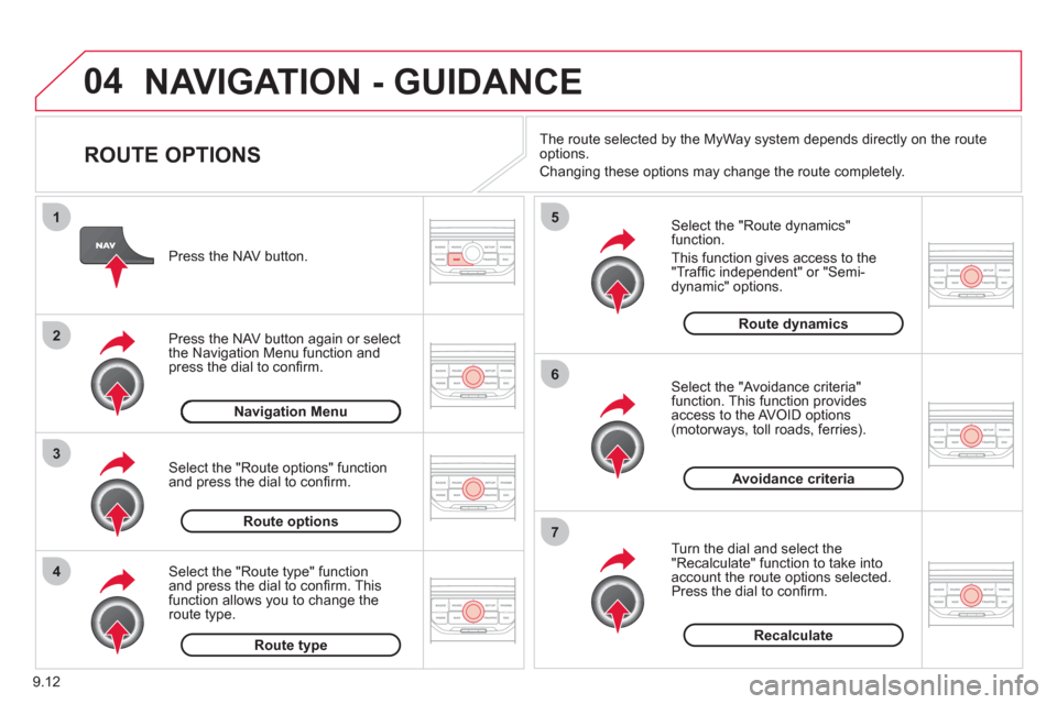 Citroen BERLINGO MULTISPACE RHD 2012 2.G Owners Manual 9.12
04
4
3
2
1
7
6
5
NAVIGATION - GUIDANCE 
   
ROUTE OPTIONS 
 
 
Select the "Route dynamics"function.
  This 
function gives access to the "Trafﬁ c independent" or "Semi-
dynamic" options. 
   
S