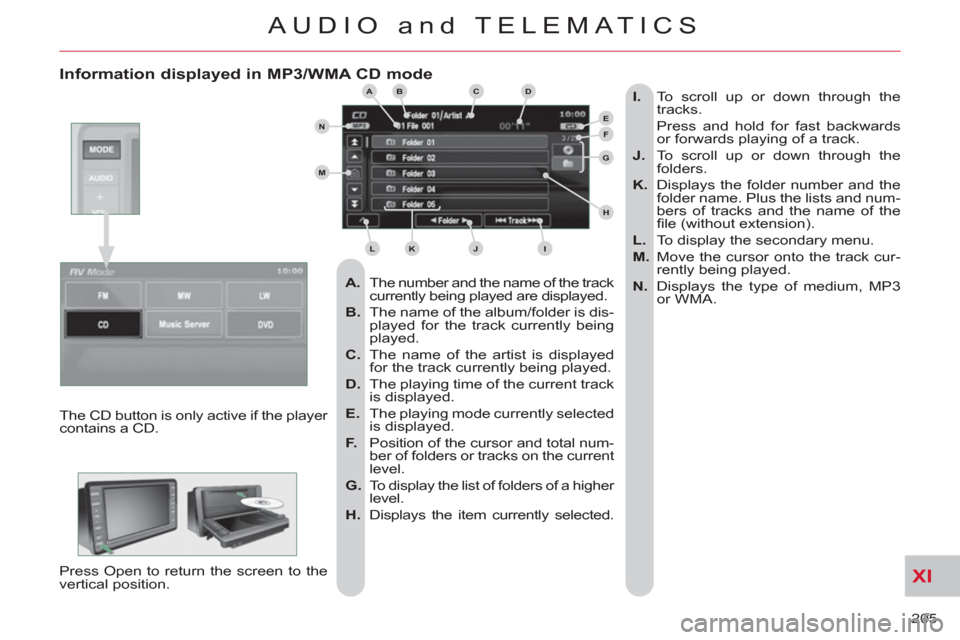 Citroen C CROSSER 2012 1.G Owners Manual XI
205
AUDIO and TELEMATICS
Information displayed in MP3/WMA CD mode
A.
The number and the name of the track
currently being played are displayed.
B.
The name of the album/folde Citroen C CROSSER 2012 1.G Owners Manual XI
205
AUDIO and TELEMATICS
Information displayed in MP3/WMA CD mode
A.
The number and the name of the track
currently being played are displayed.
B.
The name of the album/folde