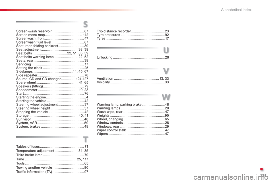Citroen C1 2012 1.G Owners Manual .
135 Alphabetical index
Screen-wash reservoir..................................87Screen menu map.......................................112Screenwash, front.........................................47S