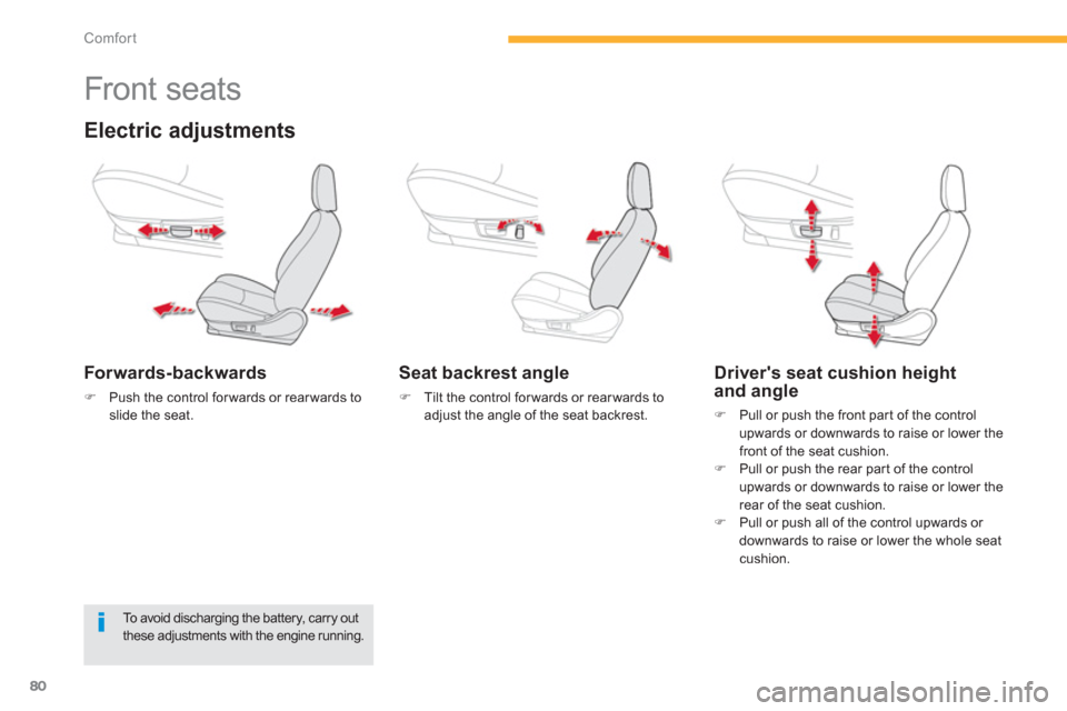 Citroen C4 AIRCROSS 2012 1.G Owners Manual 80
Comfort
   
 
 
 
 
 
 
 
 
 
 
Front seats 
Electric adjustments 
Forwards-backwards
�)Push the control forwards or rearwards toslide the seat.
 
 
Seat backrest angle
�) 
 Tilt the control forwar