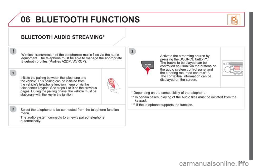 Citroen C5 2012 (RD/TD) / 2.G Owners Manual 291
06
Initiate the pairing between the telephone and
the vehicle. This pairing can be initiated from
the vehicles telephone function menu or via the
telephones ke
ypad. See steps 1 to 9 on the Citroen C5 2012 (RD/TD) / 2.G Owners Manual 291
06
Initiate the pairing between the telephone and
the vehicle. This pairing can be initiated from
the vehicles telephone function menu or via the
telephones ke
ypad. See steps 1 to 9 on the