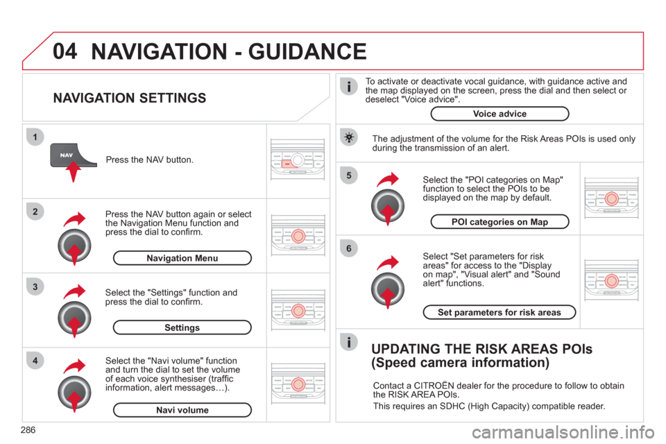 Citroen C5 RHD 2012 (RD/TD) / 2.G Owners Manual 04
5
6
3 2 1
4
286
   
NAVIGATION SETTINGS 
 
 
Select "Set parameters for risk 
areas" for access to the "Display 
on map", "Visual alert" and "Sound 
alert" functions.     
Select the "POI categorie