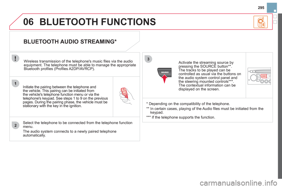Citroen DS3 2012 1.G Owners Manual 295
2
3
SOURCE
06
Initiate the pairing between the telephone and
the vehicle. This pairing can be initiated from
the vehicles telephone function menu or via the
telephones ke
ypad. See steps 1 Citroen DS3 2012 1.G Owners Manual 295
2
3
SOURCE
06
Initiate the pairing between the telephone and
the vehicle. This pairing can be initiated from
the vehicles telephone function menu or via the
telephones ke
ypad. See steps 1