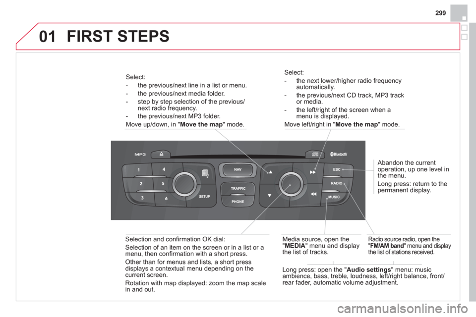 Citroen DS4 2012 1.G Owners Manual 299
01
Select:
- the next lower/hi
gher radio frequencyautomatically.
- the previous/next CD track, MP3 track
or media.
- the le
ft/right of the screen when a menu is displayed.
Move le
ft/rig Citroen DS4 2012 1.G Owners Manual 299
01
Select:
- the next lower/hi
gher radio frequencyautomatically.
- the previous/next CD track, MP3 track
or media.
- the le
ft/right of the screen when a menu is displayed.
Move le
ft/rig