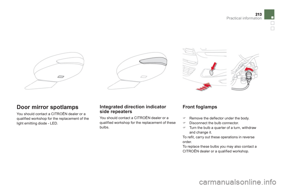 Citroen DS5 HYBRID4 2012 1.G Owners Manual Practical information
Front foglamps
�)    Remove the deflector under the body.�) 
 Disconnect the bulb connector.�) 
  Turn the bulb a quarter of a turn, withdraw 
and change it.
  To  r e
fit, carry