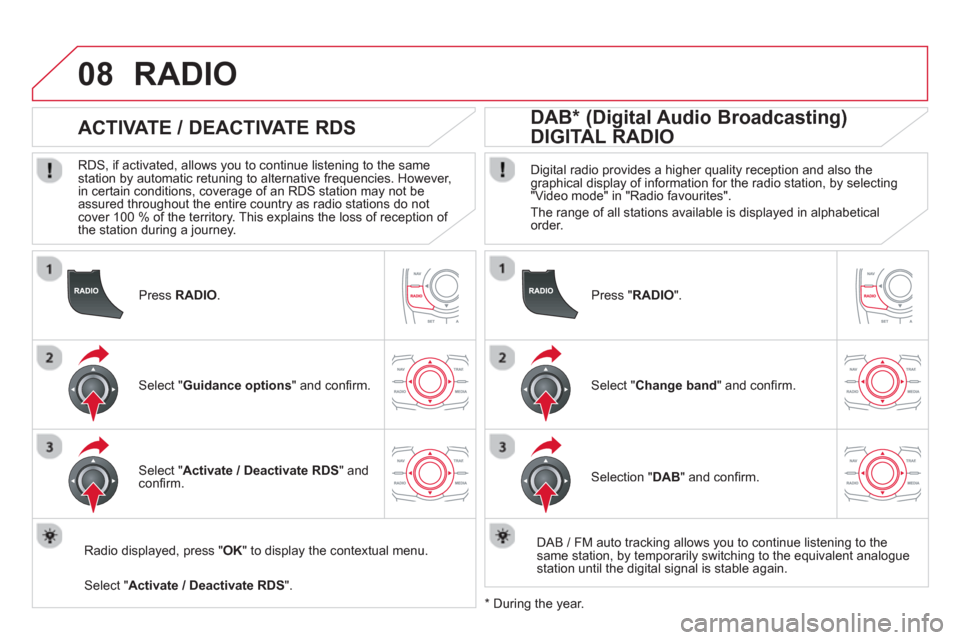 Citroen DS5 HYBRID4 2012 1.G Owners Manual 08
Press RADIO.
ACTIVATE / DEACTIVATE RDS
RDS, if activated, allows you to continue listening to the same station by automatic retuning to alternative frequencies. However,
in Citroen DS5 HYBRID4 2012 1.G Owners Manual 08
Press RADIO.
ACTIVATE / DEACTIVATE RDS
RDS, if activated, allows you to continue listening to the same station by automatic retuning to alternative frequencies. However,
in