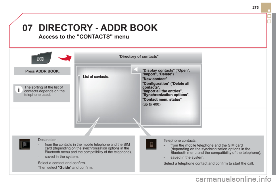 Citroen DS5 2012 1.G Owners Manual 07
275
DIRECTORY - ADDR BOOK
Access to the "CONTACTS" menu
""""""""""pypypypypypypysp ay co tactsDisplay contactsDisplay contactsDisplay contactsDisplay contactsDisplay contactsDisplay contacts Citroen DS5 2012 1.G Owners Manual 07
275
DIRECTORY - ADDR BOOK
Access to the "CONTACTS" menu
""""""""""pypypypypypypysp ay co tactsDisplay contactsDisplay contactsDisplay contactsDisplay contactsDisplay contactsDisplay contacts