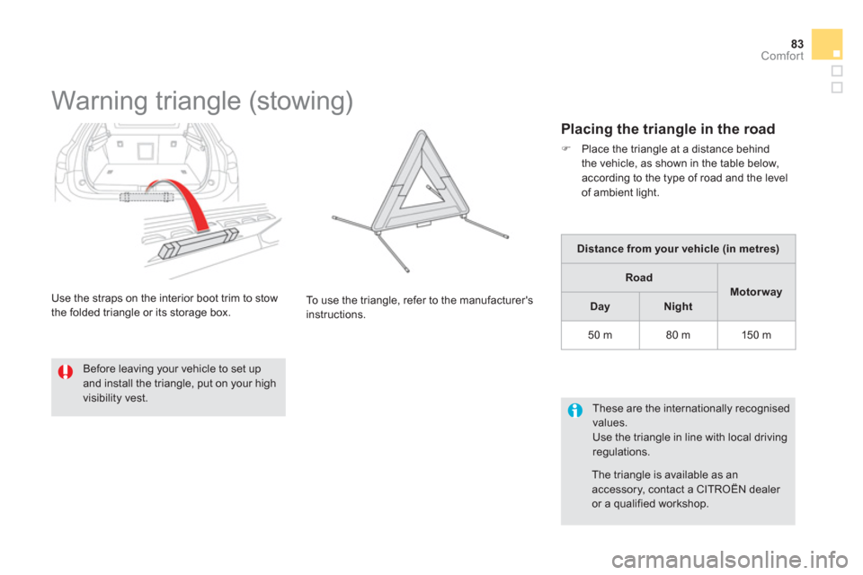 Citroen DS5 2012 1.G Owners Manual 83Comfort
   
 
 
 
 
 
 
 
 
 
 
Warning triangle (stowing) 
 
 
Before leaving your vehicle to set up and install the triangle, put on your high visibility vest.To use the trian
gle, refer to the ma