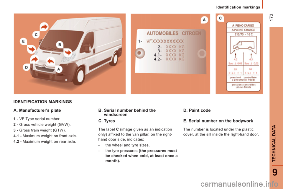 Citroen JUMPER RELAY 2012 2.G Owners Manual 17
3
9
TECHNI
CAL DATA
Identification markings
IDENTIFICATION MARKINGS
A. Manufacturers plate
   
1 - 
 VF Type serial number. 
   
2 - 
 Gross vehicle weight (GVW). 
   
3 - 
 Gross train weight (GT