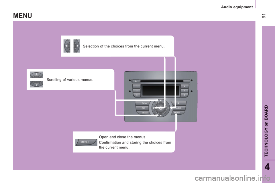 Citroen JUMPER RELAY 2012 2.G Owners Manual Audio equipment
91
4
TECHNOLOGY 
on
BOAR
D
   
Open and close the menus. 
  Confirmation and storing the choices from 
the current menu.  
     
Scrolling of various menus.      
 
Selection of the ch