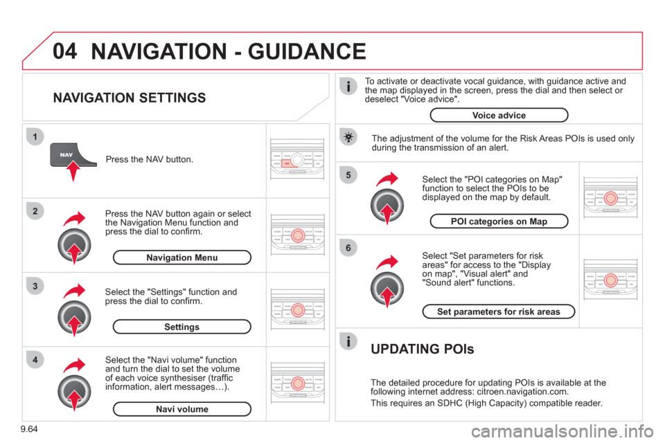 Citroen JUMPY MULTISPACE RHD 2012 2.G Owners Manual 9.64
04
5
6
3 2 1
4
NAVIGATION SETTINGS
Select "Set parameters for risk
areas" for access to the "Display
on map", "Visual alert" and"Sound alert" functions.
Select the "POI categories o Citroen JUMPY MULTISPACE RHD 2012 2.G Owners Manual 9.64
04
5
6
3 2 1
4
NAVIGATION SETTINGS
Select "Set parameters for risk
areas" for access to the "Display
on map", "Visual alert" and"Sound alert" functions.
Select the "POI categories o