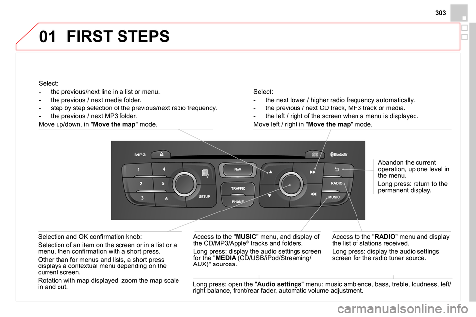 Citroen DS4 RHD 2013.5 1.G Owners Manual 01
303
Select:
- the next lower / higher radio frequency automatically.
- the previous / next CD track, MP3 track or media.
- the left / right of the screen when a menu is d Citroen DS4 RHD 2013.5 1.G Owners Manual 01
303
Select:
- the next lower / higher radio frequency automatically.
- the previous / next CD track, MP3 track or media.
- the left / right of the screen when a menu is d