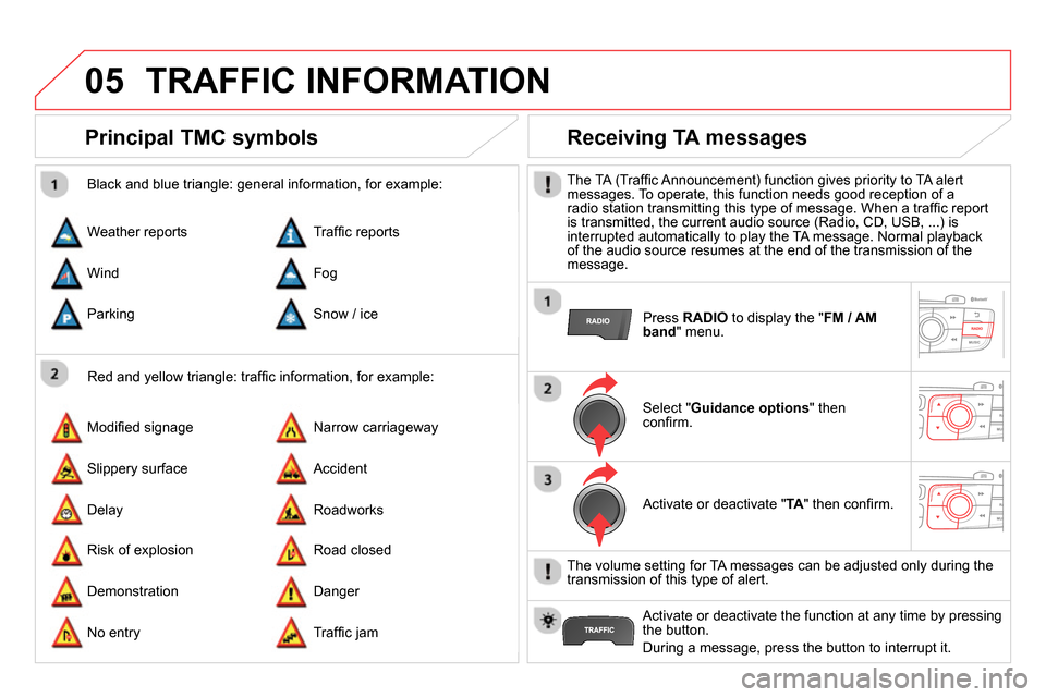 Citroen DS4 RHD 2013.5 1.G Owners Manual 05 TRAFFIC INFORMATION
Principal TMC symbols
Red and yellow triangle: traffi c information, for example:
Black and blue triangle: general information, for example:
Weathe Citroen DS4 RHD 2013.5 1.G Owners Manual 05 TRAFFIC INFORMATION
Principal TMC symbols
Red and yellow triangle: traffi c information, for example:
Black and blue triangle: general information, for example:
Weathe