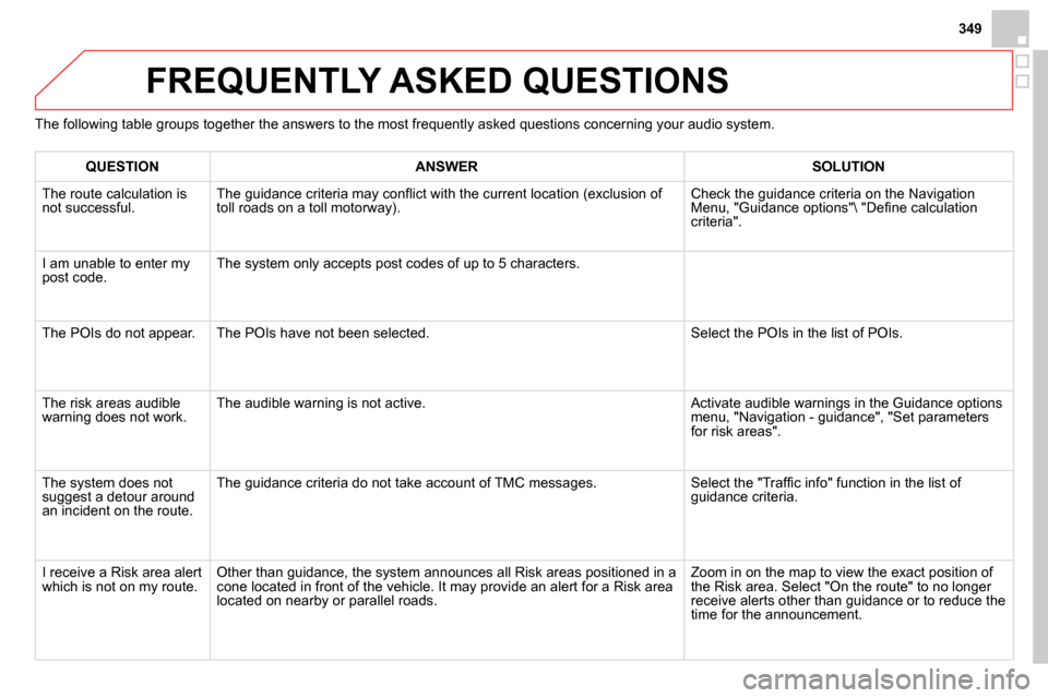 Citroen DS4 RHD 2013.5 1.G Owners Manual 349
FREQUENTLY ASKED QUESTIONS
The following table groups together the answers to the most frequently asked questions concerning your audio system.
QUESTION
ANSWER
SOLU Citroen DS4 RHD 2013.5 1.G Owners Manual 349
FREQUENTLY ASKED QUESTIONS
The following table groups together the answers to the most frequently asked questions concerning your audio system.
QUESTION
ANSWER
SOLU
