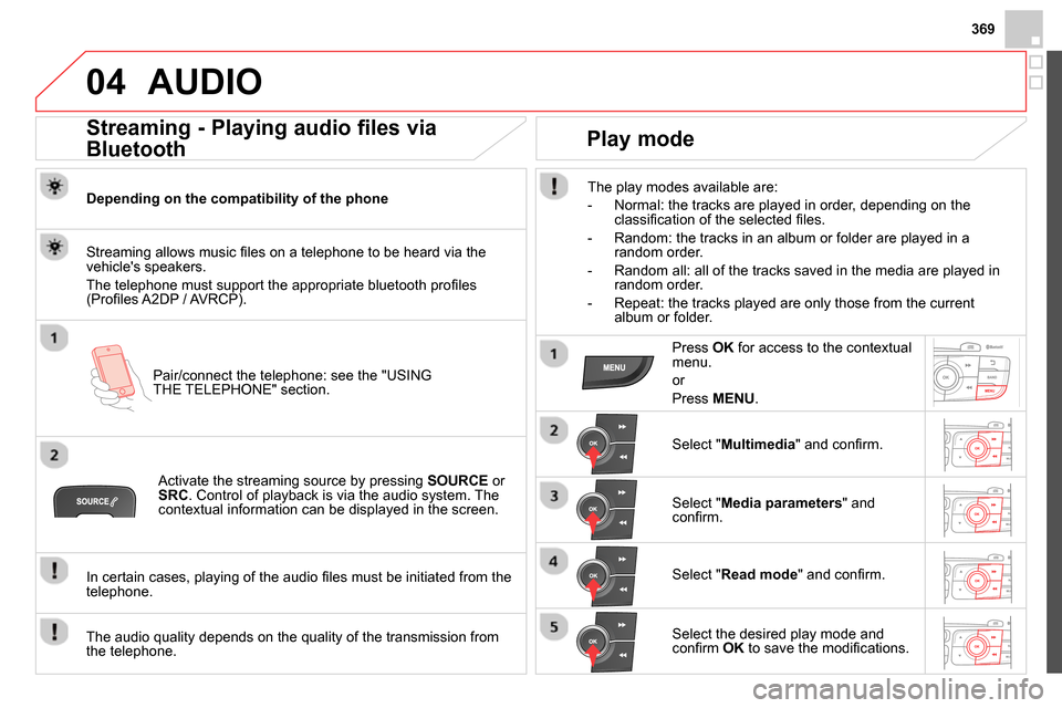 Citroen DS4 RHD 2013.5 1.G Owners Manual 369
04 AUDIO
Streaming - Playing audio files via
Bluetooth
Depending on the compatibility of the phone
Pair/connect the telephone: see the "USING
THE TELEPHONE" section. Citroen DS4 RHD 2013.5 1.G Owners Manual 369
04 AUDIO
Streaming - Playing audio files via
Bluetooth
Depending on the compatibility of the phone
Pair/connect the telephone: see the "USING
THE TELEPHONE" section.
