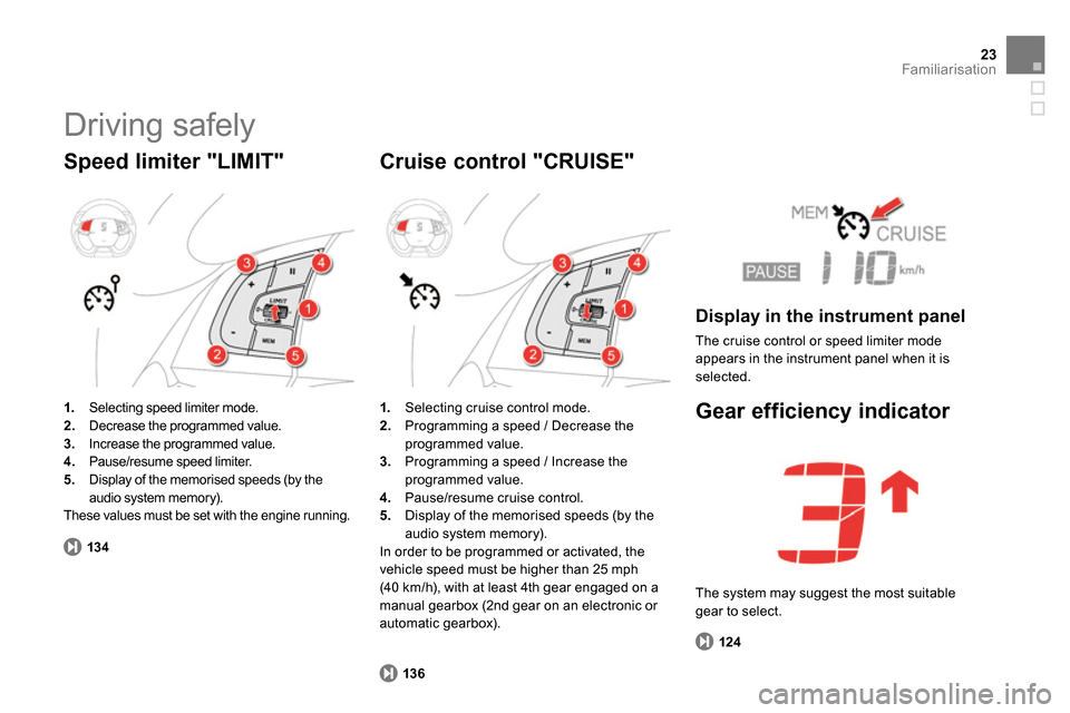 Citroen DS5 2013.5 1.G Owners Manual 13 4
136124
23Familiarisation
  Driving safely 
 
 
Speed limiter "LIMIT" 
 
 
 
1. 
  Selecting speed limiter mode. 
   
2. 
  Decrease the programmed value. 
   
3. 
  Increase the programmed value.