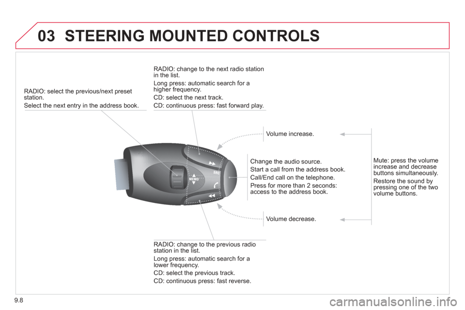 Citroen BERLINGO MULTISPACE RHD 2013 2.G Owners Manual 9.8
03STEERING MOUNTED CONTROLS
RADIO: select the previous/next preset station. 
Select the next entry in the address book.  Chan
ge the audio source.
 
Start a call from the address book. 
 
Call/End