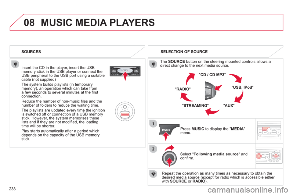 Citroen C3 PICASSO RHD 2013 1.G Owners Manual 238
08MUSIC MEDIA PLAYERS
Insert the CD in the player, insert the USBmemory stick in the USB player or connect theUSB peripheral to the USB port using a suitablecable (not supplied)
The system Citroen C3 PICASSO RHD 2013 1.G Owners Manual 238
08MUSIC MEDIA PLAYERS
Insert the CD in the player, insert the USBmemory stick in the USB player or connect theUSB peripheral to the USB port using a suitablecable (not supplied)
The system