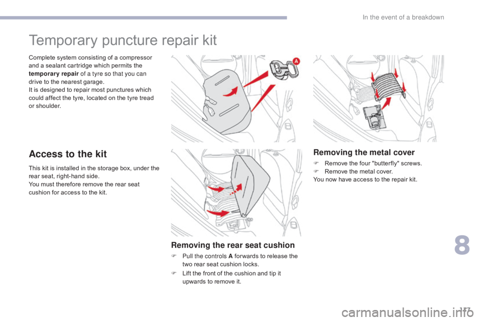 CITROEN C-ZERO 2017  Handbook (in English) 117
This kit is installed in the storage box, under the 
rear seat, right-hand side.
You must therefore remove the rear seat 
cushion for access to the kit. Complete system consisting of a compressor 