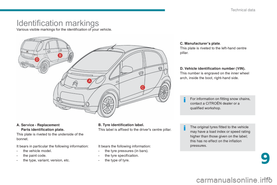 CITROEN C-ZERO 2017  Handbook (in English) 143
Identification markingsVarious visible markings for the identification of your vehicle.
A.  
S
 er vice - Replacement  
Parts identification plate.
This plate is riveted to the underside of the 
b