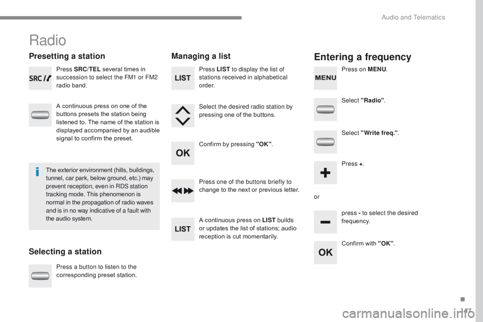 CITROEN C-ZERO DAG 2017  Handbook (in English) 147
C-Zero_en_Chap10a_RDE2_ed01-2016
Radio
Presetting a station
Selecting a stationManaging a listEntering a frequency
Press SRC/TEL
 several times in 
succession to select the FM1 or FM2 
radio band.