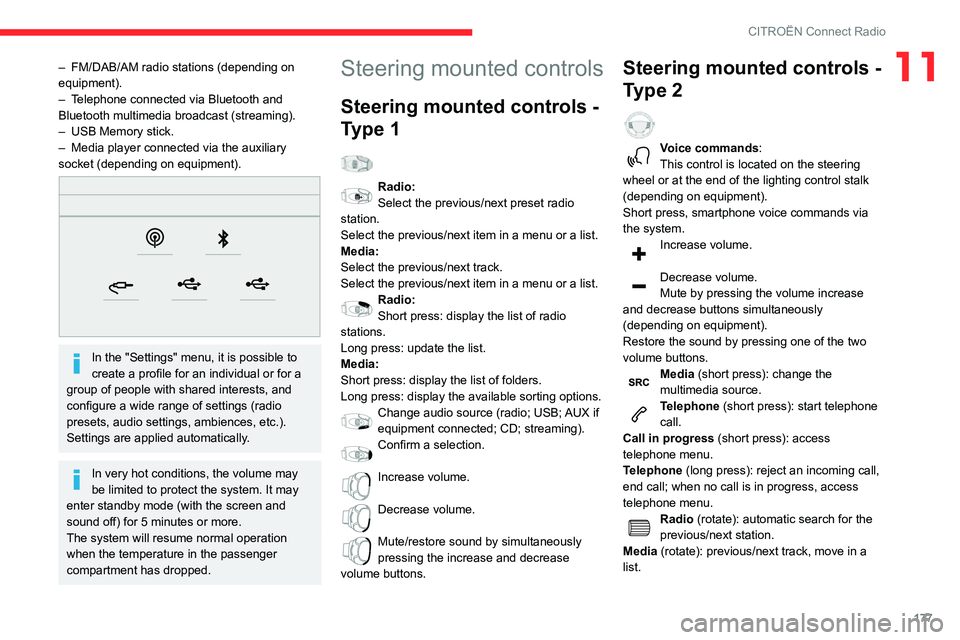 CITROEN C4 AIRCROSS DAG 2021  Handbook (in English) 177
CITROËN Connect Radio
11– FM/DAB/AM radio stations (depending on equipment).– Telephone connected via Bluetooth and Bluetooth multimedia broadcast (streaming).– USB Memory stick.– Media p