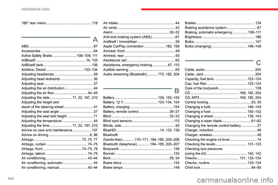 CITROEN C4 AIRCROSS DAG 2021  Handbook (in English) 214
Alphabetical index
180° rear vision   118
A
ABS   67Accessories   64Active Safety Brake   108–109, 111AdBlue®   14, 135
AdBlue® tank   136Additive, Diesel   133–134Adjusting headlamps   59A