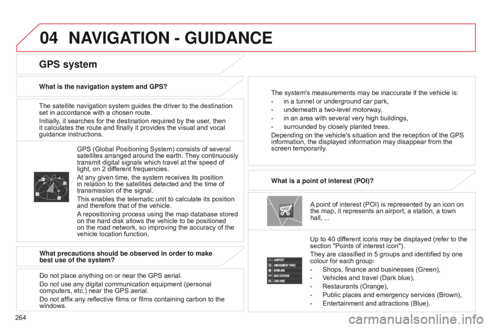 CITROEN C4 AIRCROSS 2021 Handbook (in English) 04
264The satellite navigation system guides the driver to the destination
set in accordance with a chosen route.
Initially, it searches for the destination required by the user, then
it calculates CITROEN C4 AIRCROSS 2021 Handbook (in English) 04
264The satellite navigation system guides the driver to the destination
set in accordance with a chosen route.
Initially, it searches for the destination required by the user, then
it calculates