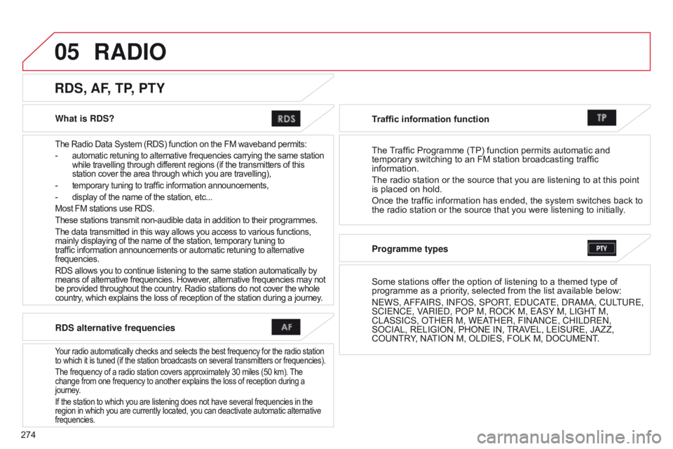 CITROEN C4 AIRCROSS 2021 Handbook (in English) 05
274What is RDS?
The Radio Data System (RDS) function on the FM waveband permits:
- automatic retuning to alternative frequencies carrying the same station
while travelling through different region CITROEN C4 AIRCROSS 2021 Handbook (in English) 05
274What is RDS?
The Radio Data System (RDS) function on the FM waveband permits:
- automatic retuning to alternative frequencies carrying the same station
while travelling through different region