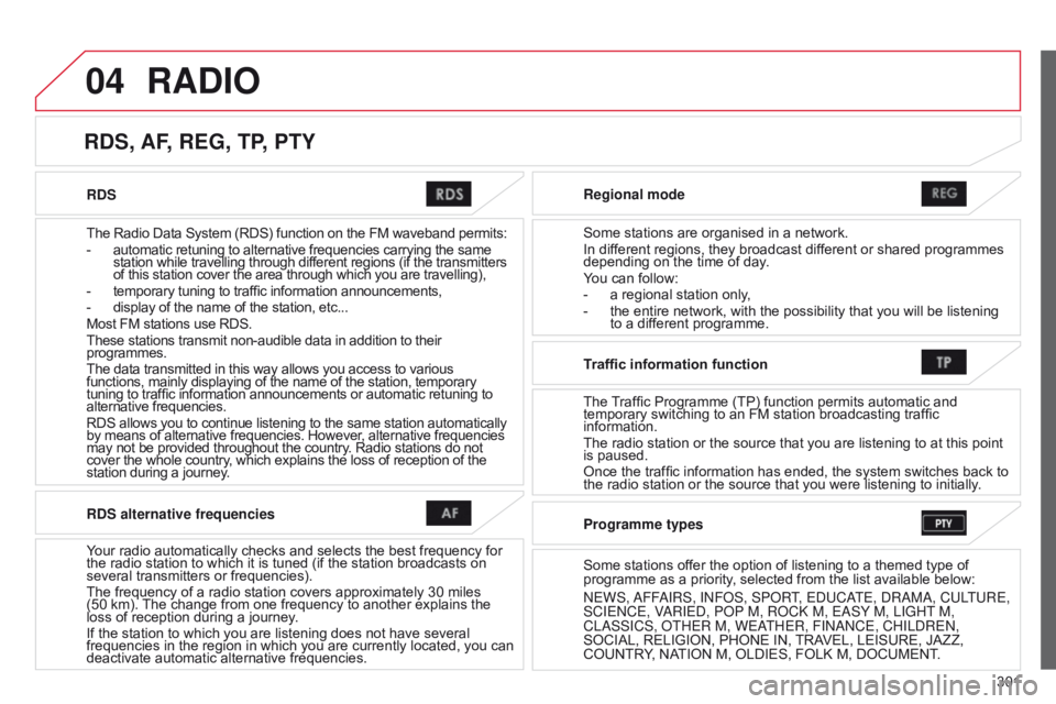 CITROEN C4 AIRCROSS 2021 Handbook (in English) 04
301
RDS
The Radio Data System (RDS) function on the FM waveband permits:
-
automatic retuning to alternative frequencies carrying the same
station while travelling through different regions (i CITROEN C4 AIRCROSS 2021 Handbook (in English) 04
301
RDS
The Radio Data System (RDS) function on the FM waveband permits:
-
automatic retuning to alternative frequencies carrying the same
station while travelling through different regions (i
