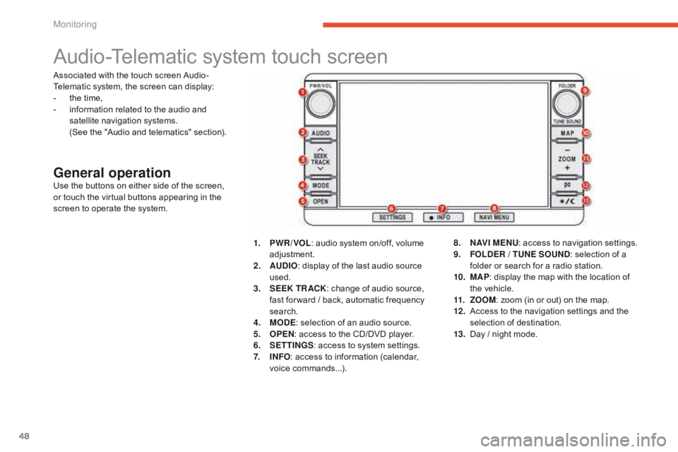 CITROEN C4 AIRCROSS 2021 Handbook (in English) 48
Audio-Telematic system touch screen
General operationUse the buttons on either side of the screen,
or touch the virtual buttons appearing in the
screen to operate the system.1.
P
WR / VOL: audi CITROEN C4 AIRCROSS 2021 Handbook (in English) 48
Audio-Telematic system touch screen
General operationUse the buttons on either side of the screen,
or touch the virtual buttons appearing in the
screen to operate the system.1.
P
WR / VOL: audi
