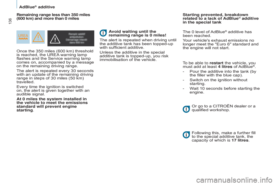 CITROEN BERLINGO ELECTRIC 2017 Handbook (in English) 136
Berlingo-2-VU_en_Chap07_Verification_ed01-2015Berlingo-2-VU_en_Chap07_Verification_ed01-2015
Once the 350 miles (600 km) threshold
is reached, the UREA warning lamp
flashes and the Service warni CITROEN BERLINGO ELECTRIC 2017 Handbook (in English) 136
Berlingo-2-VU_en_Chap07_Verification_ed01-2015Berlingo-2-VU_en_Chap07_Verification_ed01-2015
Once the 350 miles (600 km) threshold
is reached, the UREA warning lamp
flashes and the Service warni