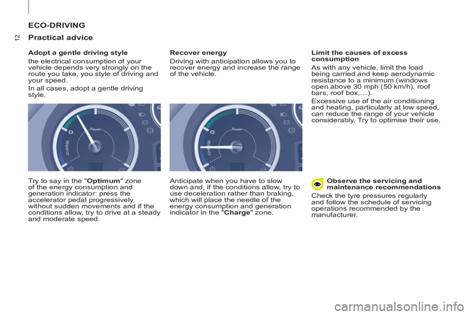 CITROEN BERLINGO ELECTRIC 2017  Handbook (in English) 12
  ECO-DRIVING 
   
Practical advice 
 
 
Adopt a gentle driving style 
  the electrical consumption of your 
vehicle depends very strongly on the 
route you take, you style of driving and 
your spe