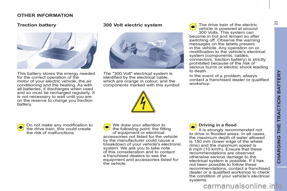 CITROEN BERLINGO ELECTRIC 2017 Handbook (in English) 23
CHARGING THE TRACTION BATTERY
OTHER INFORMATION
Traction battery
This battery stores the energy needed
for the correct operation of the
motor of your electric vehicle, the air
condi CITROEN BERLINGO ELECTRIC 2017 Handbook (in English) 23
CHARGING THE TRACTION BATTERY
OTHER INFORMATION
Traction battery
This battery stores the energy needed
for the correct operation of the
motor of your electric vehicle, the air
condi