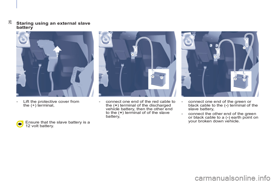 CITROEN BERLINGO ELECTRIC 2017  Handbook (in English) 26   
Staring using an external slave 
battery 
  Ensure that the slave battery is a 
12 volt battery.     
 
-   Lift the protective cover from
the (+) terminal,    
-   connect one end of the red ca