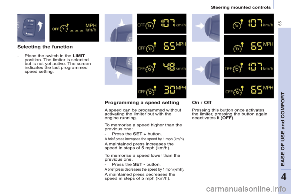 CITROEN BERLINGO ELECTRIC 2017  Handbook (in English) 65
Berlingo-2-VU_en_Chap04_Ergonomie_ed01-2015
Selecting the functionProgramming a speed setting On / Off
To memorise a speed higher than the 
previous one:
- 
Press the 
 SET + button.
A brief press 