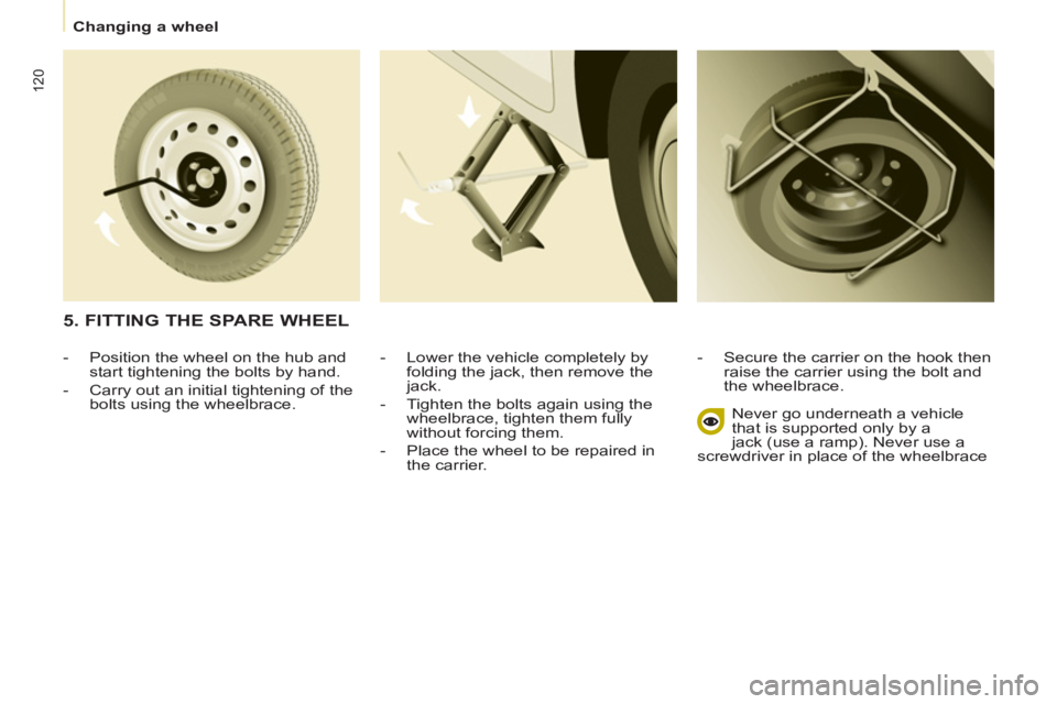 CITROEN BERLINGO ELECTRIC 2015  Handbook (in English)    
 
Changing a wheel  
 
120
 
 
-   Lower the vehicle completely by 
folding the jack, then remove the 
jack. 
   
-   Tighten the bolts again using the 
wheelbrace, tighten them fully 
without for