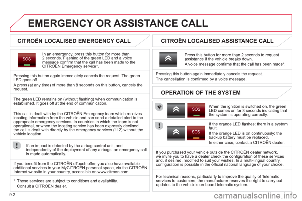 CITROEN BERLINGO ELECTRIC 2015  Handbook (in English) 9.2
EMERGENCY OR ASSISTANCE CALL
   
 
 
 
 
 
 
CITROËN LOCALISED EMERGENCY CALL  
In an emergency, press this button for more than2 seconds. Flashing of the green LED and a voice message conﬁ rm 