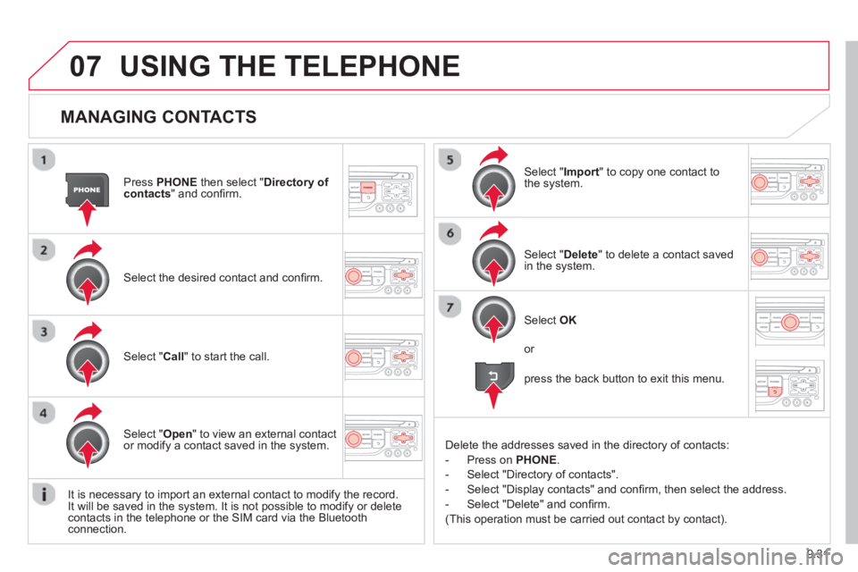 CITROEN BERLINGO ELECTRIC 2015  Handbook (in English) 9.31
07
  
MANAGING CONTACTS 
Press  PHONEthen select "Directory of contacts" and conﬁ rm.  
Select the desired contact and con ﬁ rm.   
Select " Import" to copy one contact to
the system.
Select 